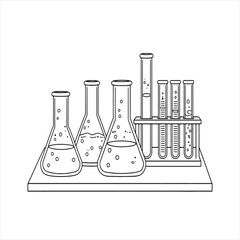 Illustration of various scientific glassware including beakers and test tubes.