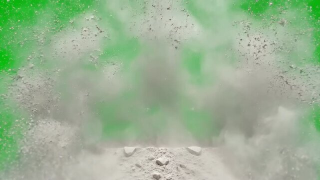 An intense puff of fine dust erupting outward in super slow motion on a clear green screen space, detail, explosion