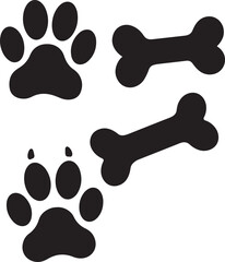 Fototapeta premium Black silhouette of two dog paw prints and two dog bone shapes on a white background