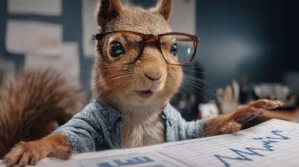 Squirrel wearing glasses and blue shirt holds chart with bar and line graphs. The scene suggests an office environment, indicated by blurred documents and objects in the background