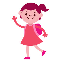Illustration of a charming schoolgirl with pink dress and backpack happily waving hello cheerfully excited for school days
