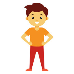 Cartoon Character of a Young Boy Smiling with Hands on Hips in Orange and Red Outfit