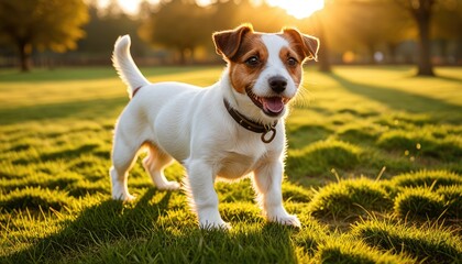 Happy Jack Russell terrier standing in grass, smiling, bathed in sunlight