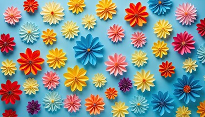 Colorful paper flowers artfully arranged on a light blue background