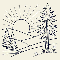 Vector art of sunrise landscape sketch with pine tree