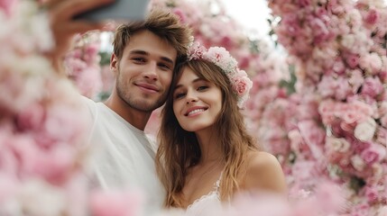 A happy young couple takes a selfie surrounded by a vibrant pink floral arch in daylight
