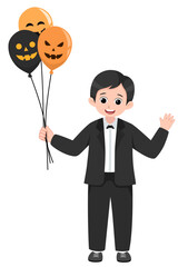 Boy in Formal Halloween Costume Holding Balloons