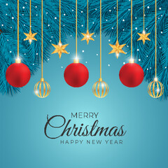 Realistic merry christmas leaf decorated with red ball and golden star