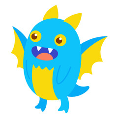 Cute Cartoon Monster Character in Blue and Yellow with Smiling Face and Sharp Teeth Illustration