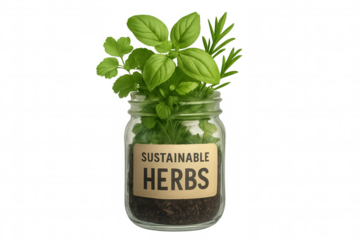 Sustainable herbs concept showing fresh basil, rosemary, and parsley growing in a glass jar with label