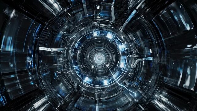 A detailed image of a futuristic tunnel with concentric rings, light accents, and metallic structures