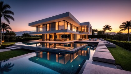Fototapeta premium Modern luxury villa with pool, palm trees, and sunset