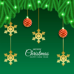 Realistic christmas background leaf with golden snow flakes and christmas light