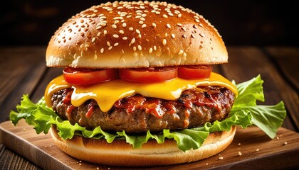 Juicy burger with melted cheese, tomato slices, and lettuce on sesame bun