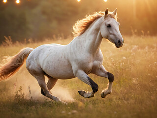 Obraz premium There is a white horse that running in the grass illustration style frame creative scene backgrounds figure gesture design layers colorful emotion elements composition expression cartoonish