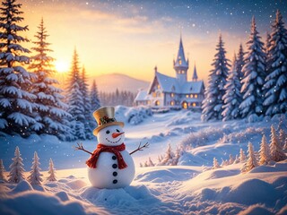 Obraz premium Snowman in snowy landscape with castle & sunset