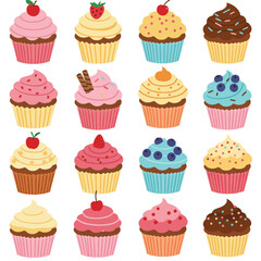 A delightful collection of vibrant flat 2D vector cupcakes, each adorned with unique colorful toppings, neatly arranged on a clean white background, creating a cheerful and appetizing display.