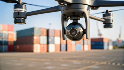 Security drone with camera provides surveillance for port logistics. Modern technology inspires confidence while monitoring shipping containers and ensuring total area safety