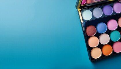 a colorful makeup palette against a serene blue background vibrant yet balanced copy space below ad aesthetic