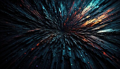 Abstract explosion of textured shards emanating from a central core with glowing accents