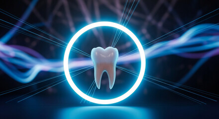 Single tooth glowing within neon blue circle, surrounded by futuristic digital light trails and dark, abstract