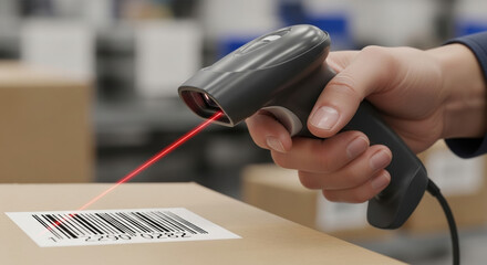 Worker hand holds barcode scanner with confidence for efficient logistics and security. red laser beam reads barcode on box for inventory and distribution