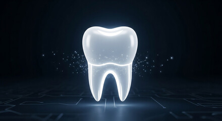 Glowing, futuristic 3d render human tooth with digital circuit board pattern and particles, symbolizing advanced dental technology and innovation
