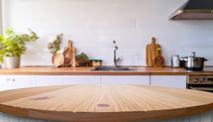 empty space round wood tabletop counter on interior in clean and bright kitchen background ready for display banner for product montage