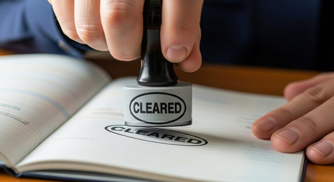 Person hand stamps document as cleared with confidence. This official approval signifies successful security check and smooth logistics for business or travel clearance