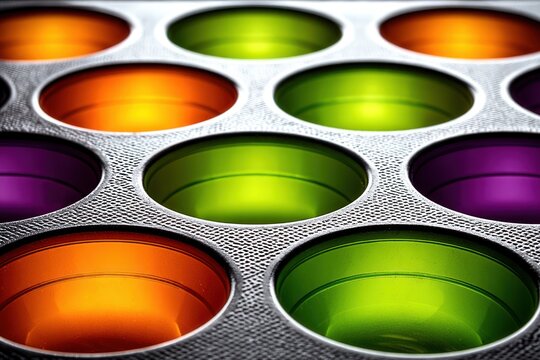 Bright green, orange, and purple cups are organized neatly on a dark textured surface, creating an eye-catching display