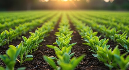 Vibrant green soybean sprouts emerge from rich soil in a perfectly aligned farm field bathed in the warm glow of a setting sun, promising a bountiful harvest.