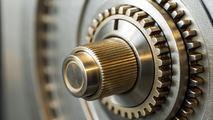 Close up of vault door dial symbol of security and logistics. steel gear mechanism shows precision engineering inspiring confidence in its protection