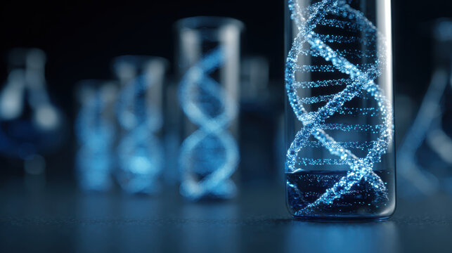 DNA helix biotech laboratory hologram test tube blue glowing science research genetics molecular innovation medical technology experiment