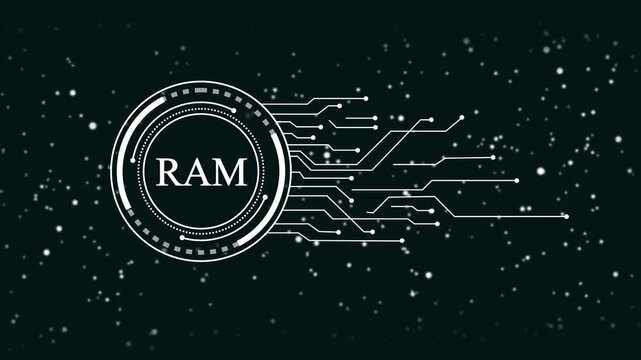 Futuristic R A M chip circuit board technology data processing digital network abstract background with glowing particles and lines