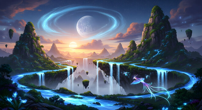 Fantasy landscape with floating islands waterfalls and moon digital art wallpaper background hd desktop image
