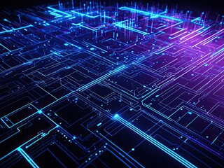 Abstract neon network of digital circuits in blue and purple light