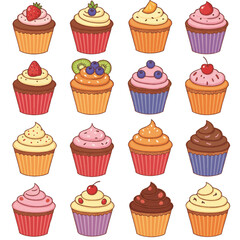 A vibrant flat 2D vector illustration features a delightful set of decorative cupcakes, each adorned with rich cream and fresh fruit toppings, presented cleanly on a plain white background.