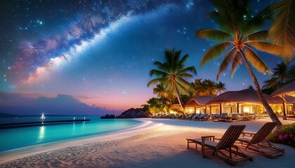 captivating night view of a luxurious beach resort with the milky way galaxy illuminating the sky surrounded by palm trees beach chairs and serene ocean waters