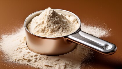 close up view of a measuring spoon filled with white protein powder on a brown background top angle