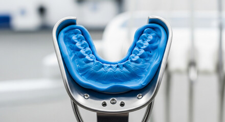 Closeup blue dental impression mold held in metal tray, capturing the precise shape patients upper teeth for dental work