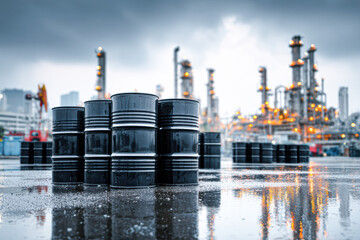 Obraz premium Industrial scene featuring stacked black barrels on a wet surface, with an oil refinery illuminated in the background under a cloudy sky.
