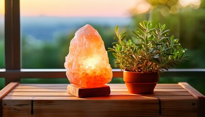 close up view of a salt lamp and a plant placed on a wooden crate by a window