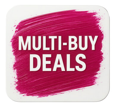 Square sticker with MULTI-BUY DEALS offer in bold font, vibrant retail discount promo on transparent background.