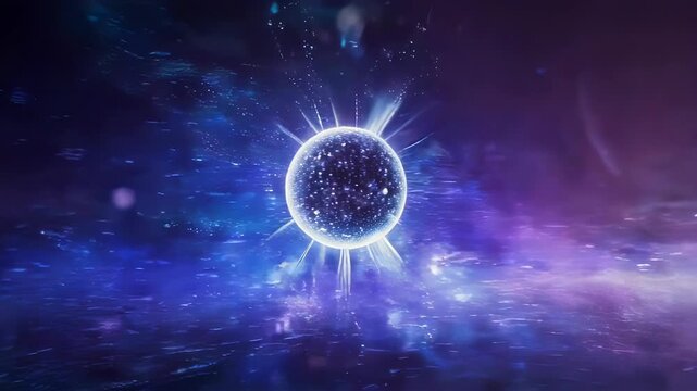 A glowing sphere emanates light, surrounded by cosmic dust and stellar rays, in a deep space panorama