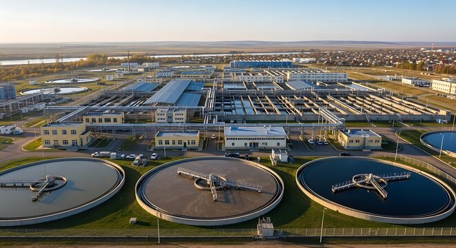 Aerial View of Modern Wastewater Treatment Plant at Sunset.