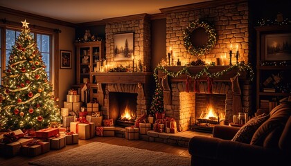 Cozy Christmas interior. Lit fireplace, Christmas tree & presents fill a warm room