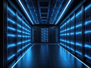 Server room with glowing blue lights, data center, futuristic