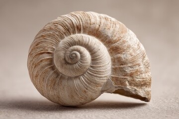 A detailed close-up of a spiral seashell with intricate textures and earthy tones, showcasing its natural beauty. The shell's curves create an artistic, symmetrical pattern