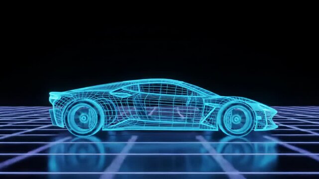A wide video captures a vibrant neon blue wireframe futuristic concept sports car materializing and gliding through an abstract deep purple gridded cityscape. High-tech ethereal ambiance