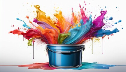 wall paint bucket with multicolor paint splash in motion on isolated white background